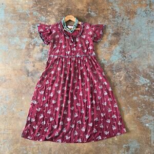 Vintage Style Floral Midi Dress Size L Burgundy Prairie Ruffles Sukanya Fairy